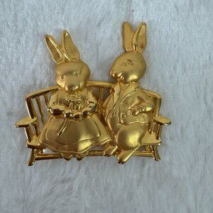 Vintage Gold-Tone Bunny Couple Sitting On Bench Pin Brooch By JJ Jonette 1980's